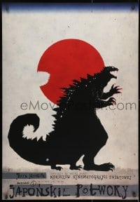 7r480 JAPONSKIE POTWORY Polish 27x39 2011 Kaja art of Godzilla taking bite out of the Rising Sun!