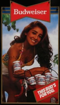 7r227 BUDWEISER 19x34 advertising poster 1986 image of sexy woman on bicycle, this bud's for you!