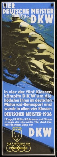 7r848 DKW 13x36 German advertising poster 1936 V. Mundorff art of men on speeding motorcycles!