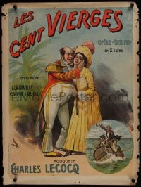 7r844 LES CENT VIERGES 24x32 French stage poster 1910s man hugging a disinterested woman by Faria!