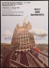 7r921 WELT DER BAHNHOFE 20x28 German museum/art exhibition 1980 several trains and a huge train station!