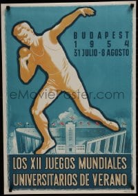 7r332 XII WORLD UNIVERSITY SUMMER GAMES 22x32 Hungarian special poster 1954 art of stadium/athlete by Janos!