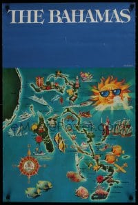 7r097 BAHAMAS 20x30 travel poster 1990 great art of map featuring tropical destinations!