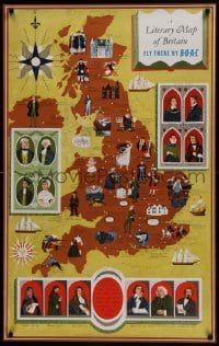 7r104 BOAC LITERARY MAP 25x40 English travel poster 1950s writers and historical sites in Britain!