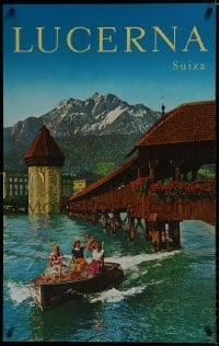 7r115 LUCERNA SUIZA 25x40 Swiss travel poster 1960s boat by the Kapellbrucke!