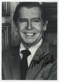 7s961 MILTON BERLE signed 4.25x6 REPRO still 1980s head & shoulders smiling portrait in suit & tie!