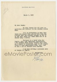 7s680 GEORGE SEATON signed letter 1957 on his stationery thanking Buddy Adler for help on Oscars!