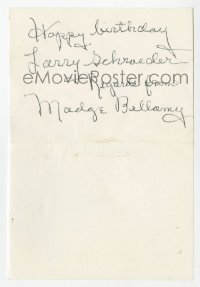 7s687 MADGE BELLAMY signed note 1930s giving birthday wishes to a fan on a piece of paper!