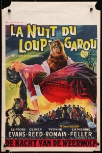 7t360 CURSE OF THE WEREWOLF Belgian 1961 art of monster Oliver Reed with girl over angry mob!