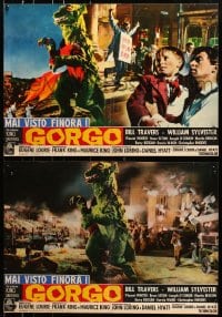 7t956 GORGO group of 2 Italian 19x27 pbustas 1961 w/incredible special effects image of the giant monster!