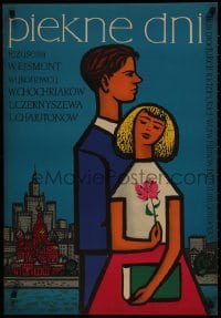 7t794 V DOBRYY CHAS Polish 23x34 1956 art of young man and girl with flower by Hubert Hilscher!
