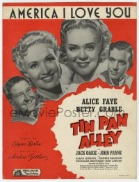 7w428 TIN PAN ALLEY sheet music 1940 Alice Faye, Betty Grable, Oakie, Payne, America I Love You!