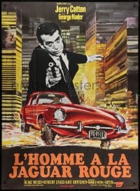 7y674 DEATH IN THE RED JAGUAR French 1p 1970 cool Saukoff art of George Nader with gun over car!