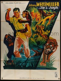 7y781 JUNGLE JIM French 1p 1950s art of Johnny Weissmuller & chimp by Constantine Belinsky!