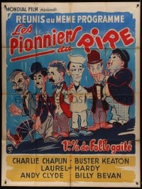 7y876 PIONEERS OF LAUGHTER French 1p 1961 art of Chaplin, Keaton, AND Laurel & Hardy together!
