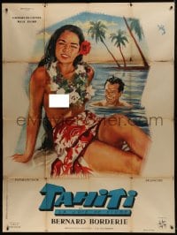 7y940 TAHITI French 1p 1957 Rinaldo Geleng art of sexy topless South Seas beauty on beach!