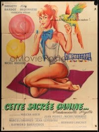 7y949 THAT NAUGHTY GIRL French 1p 1958 Hurel art of sexy Brigitte Bardot with balloons & parrot!