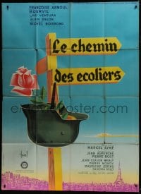 7y982 WAY OF YOUTH style B French 1p 1959 Hurel art of helmet & rose hanging from road sign!