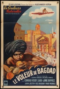 7y542 THIEF OF BAGDAD French 31x47 R1950s different art of Sabu stealing fruit & on magic carpet!