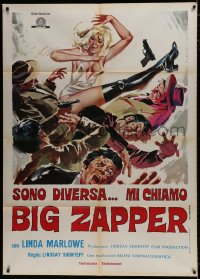 7y117 BIG ZAPPER Italian 1p 1973 great art of sexy Linda Marlowe kicking many bad guys!