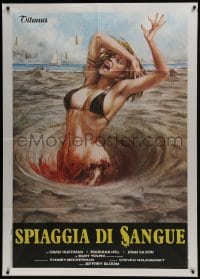 7y119 BLOOD BEACH Italian 1p 1980 different gruesome art of sexy girl in bikini eaten by quicksand!