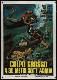 7y159 DEADLY JAWS Italian 1p 1975 cool art of German scuba divers with sunken treasure & skull!