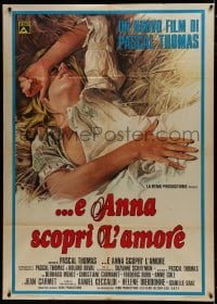 7y175 DON'T CRY WITH YOUR MOUTH FULL Italian 1p 1975 different art of blonde laying in hay!
