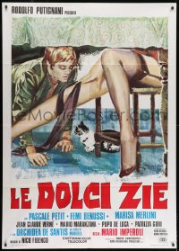 7y242 LE DOLCI ZIE Italian 1p 1975 art of man under table being seduced by a sexy woman, rare!