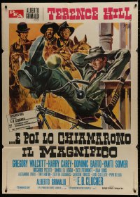 7y261 MAN OF THE EAST Italian 1p 1974 Symeoni art of Terence Hill on gun bike, spaghetti western!