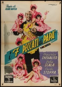 7y268 MY SEVEN LITTLE SINS Italian 1p 1954 DeSeta art of Maurice Chevalier in apron w/ tiny girls!
