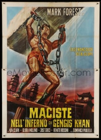 7y429 HERCULES AGAINST THE BARBARIAN Italian 2p R1960s cool different art of strongman Mark Forest!