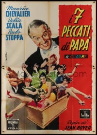 7y457 MY SEVEN LITTLE SINS Italian 2p 1954 Deseta art of Maurice Chevalier & sexy girls in basket!