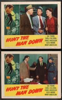 7z871 HUNT THE MAN DOWN 2 LCs 1951 film noir, Gig Young, James Anderson, bad girl Cleo Moore!