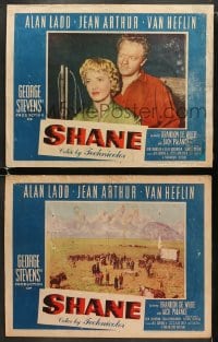 7z941 SHANE 2 LCs 1953 George Stevens classic cowboy western, Jean Arthur, Van Heflin, cool scenes!