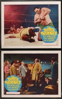 7z969 THREE STOOGES GO AROUND THE WORLD IN A DAZE 2 LCs 1963 Moe & Curly, one wrestling in ring!