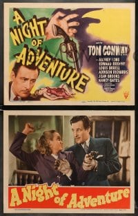 7z295 NIGHT OF ADVENTURE 8 LCs 1944 Tom Conway, cool dangling gun & dead girl crime artwork on tc!