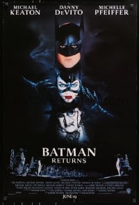 8a082 BATMAN RETURNS advance DS 1sh 1992 Burton, Keaton, cool white date design!