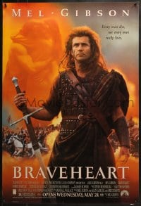 8a136 BRAVEHEART advance 1sh 1995 cool image of Mel Gibson as William Wallace!