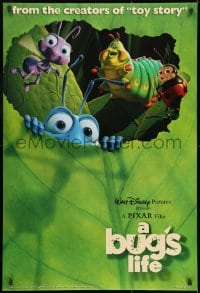 8a148 BUG'S LIFE DS 1sh 1998 cute Disney/Pixar CG cartoon, cute image of cast on leaf, book promotion!
