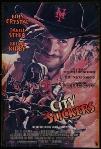 8a182 CITY SLICKERS advance 1sh 1991 great artwork of cowboys Billy Crystal & Daniel Stern!