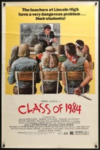 8a184 CLASS OF 1984 yellow style 1sh 1982 art of teacher McDowall holding gun on bad punk teens!
