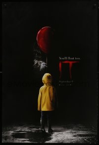 8a454 IT teaser DS 1sh 2017 creepy image of Pennywise handing child balloon, you'll float too!