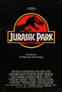 8a465 JURASSIC PARK DS 1sh 1993 Steven Spielberg, classic logo with T-Rex over red background