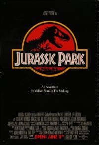 8a464 JURASSIC PARK advance 1sh 1993 Steven Spielberg, classic logo with T-Rex over red background
