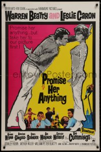 8a676 PROMISE HER ANYTHING 1sh 1966 art of Warren Beatty w/fingers crossed & pretty Leslie Caron!