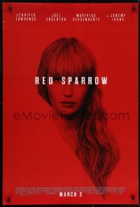 8a708 RED SPARROW style B advance DS 1sh 2018 portrait of Jennifer Lawrence over red background!