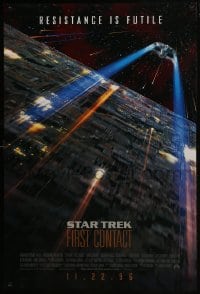 8a840 STAR TREK: FIRST CONTACT int'l advance DS 1sh 1996 starship Enterprise above Borg cube!