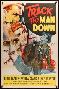 8a916 TRACK THE MAN DOWN 1sh 1955 cool art of detective Kent Taylor tracing footsteps, Petula Clark