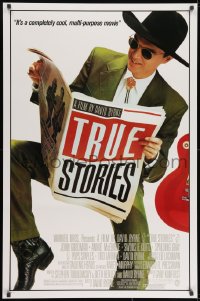 8a927 TRUE STORIES 1sh 1986 giant image of star & director David Byrne reading newspaper!