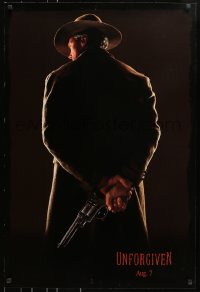 8a944 UNFORGIVEN teaser DS 1sh 1992 image of gunslinger Clint Eastwood w/back turned, dated design!